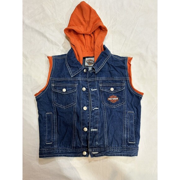 Kids Harley Davidson  Size 7 Blue Denim Jean Vest with Detachable Hood - Picture 1 of 15